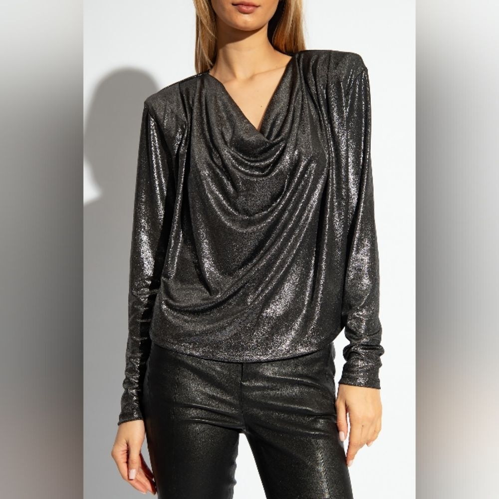 Anne Klein Drape Neck Long Sl Metallic Look Blouse MWT
